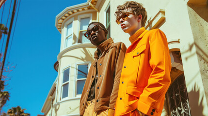 Naklejka premium A sleek editorial showcasing a fusion of 1960s mod style with modern streetwear, shot in an art-deco themed neighborhood.