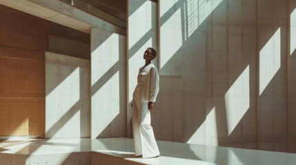 A sleek fashion editorial showcasing minimalist 1960s vintage-inspired outfits, with simple lines, monochromatic palettes, and clean cuts, posed in a modernist building.