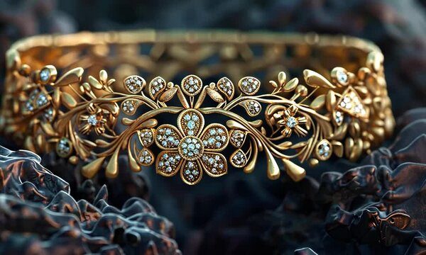 A gold and diamond bracelet with flowers and leaves Video