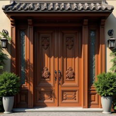 Elegant wooden double doors with intricate carvings, surrounded by lush greenery and lanterns, showcasing a blend of traditional and modern architectural style.