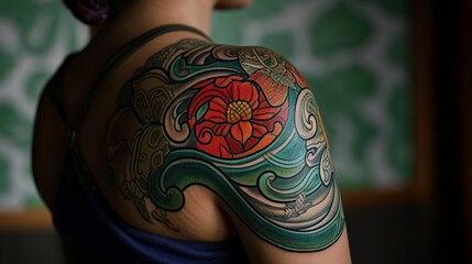 "Colorful Stories: The Bold Artistry of a Tattoo on Arm and Shoulder"

Captures the narrative aspect often associated with tattoos.