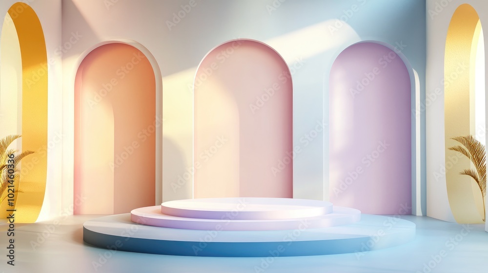 Aufkleber Abstract backdrop for product showcase podium presentation minimalist pastel 3D environment 3D rendering