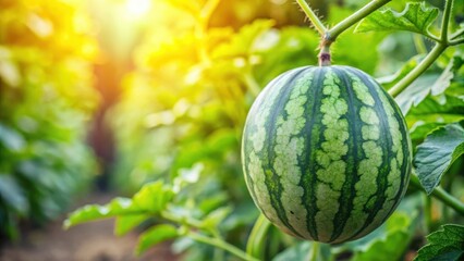 A Single Ripe Watermelon Hanging From Its Vine in a Lush Garden Under the Warm Glow of the Summer Sun