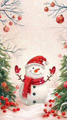A jolly snowman, adorned with a festive hat and surrounded by a Christmas tree and gifts, celebrates the winter holiday season,Generated By Ai