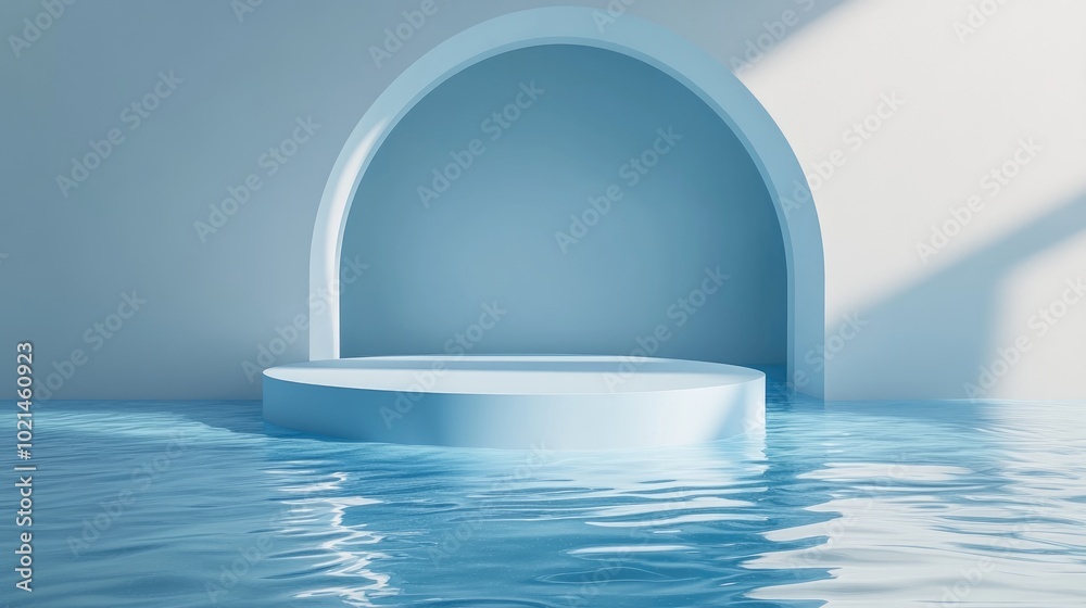 Poster blue water surface with a podium for displaying cosmetic products 3d rendering scene