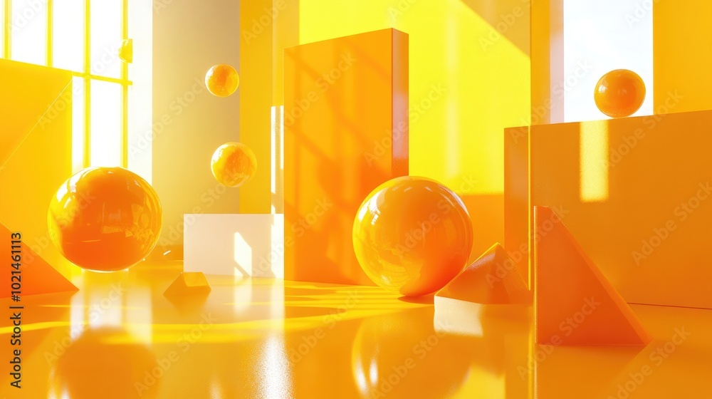 Poster 3d rendering of abstract geometric shapes featuring vibrant yellow and orange colors