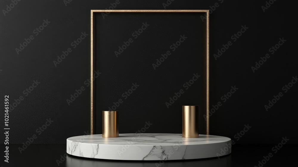 Aufkleber 3D rendering of a white marble pedestal on a black background featuring a gold square frame and two cylindrical blocks embodying an abstract minimal concept with blank space and a simple clean des