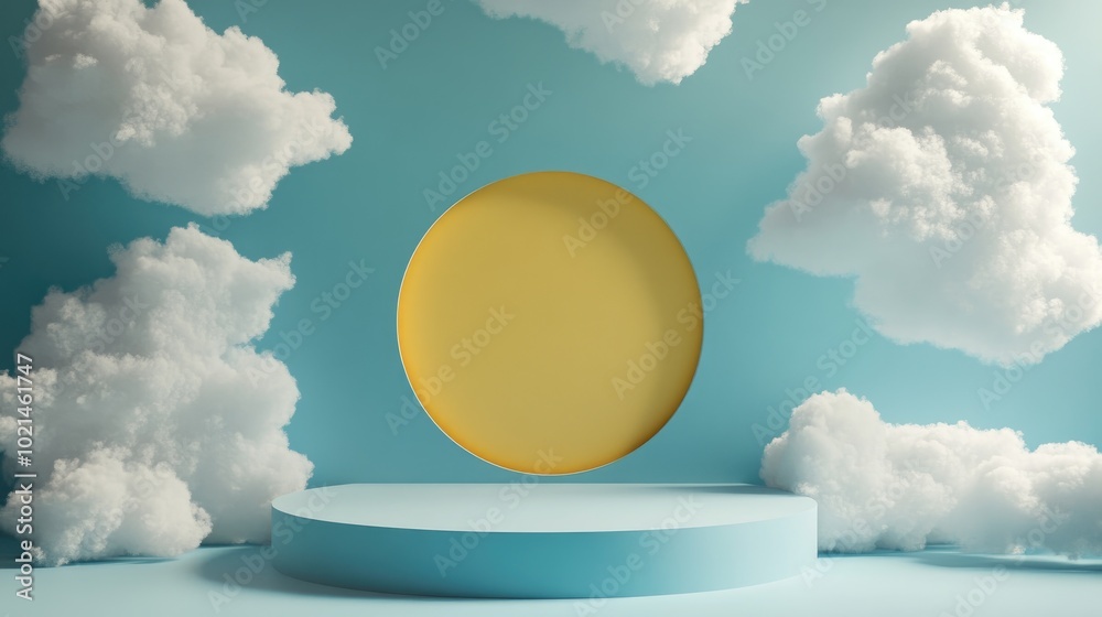 Aufkleber 3D rendering of an abstract blue background featuring white clouds and a yellow circular opening Geometric display scene with a blank podium stage designed for product showcasing