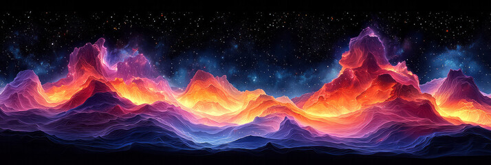Fototapeta premium Bright, neon rolling hills set against a deep black sky,
