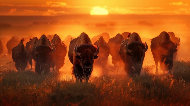 Powerful Herd of Bison Stampeding Across Grassy Plain at Dusk with Stunning Sunset Background