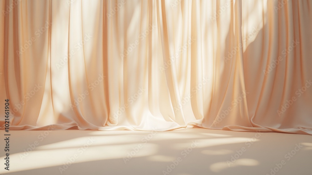 Aufkleber Abstract beige studio backdrop featuring curtains for product display Vacant space with shadows 3D rendering 3D illustration
