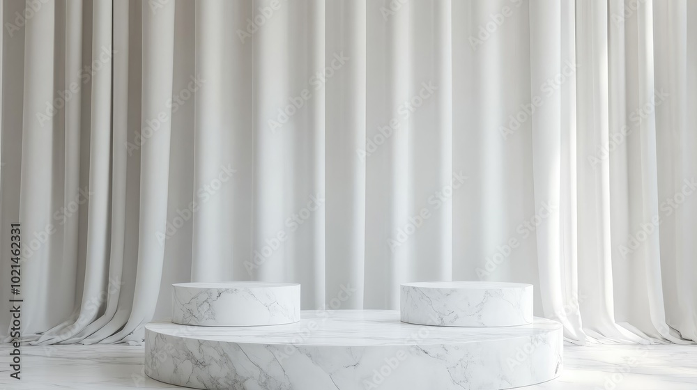 Poster 3d rendering of blank white marble display podiums for advertising against a white curtain backdrop 