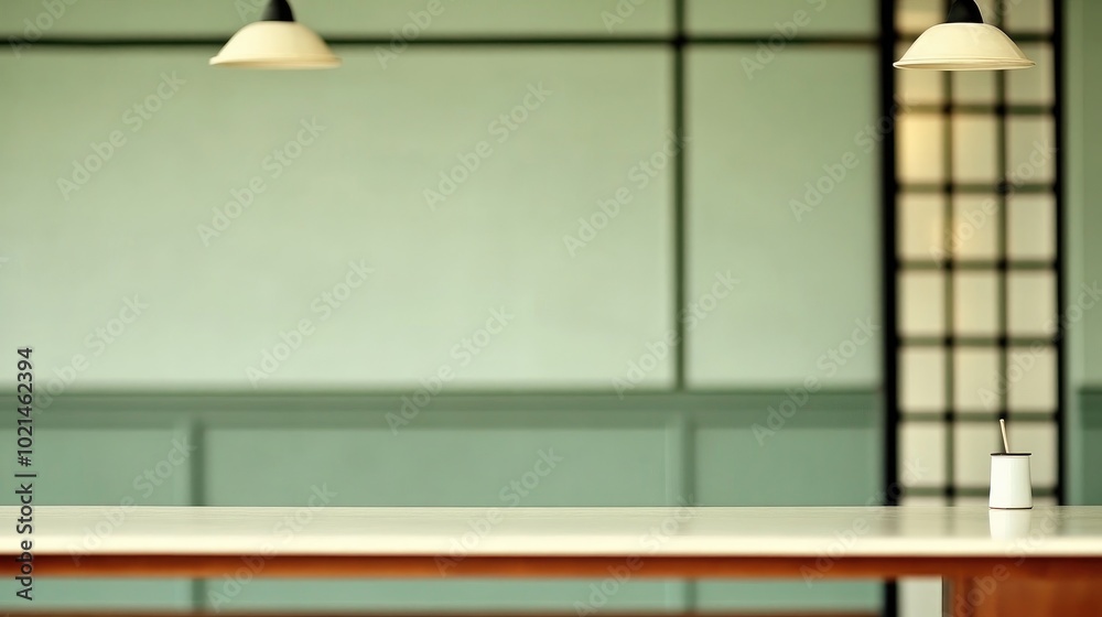 Poster Blurred Business Workspace with a Table and Computer Abstract Background with Office Blur in a Vintage Tone