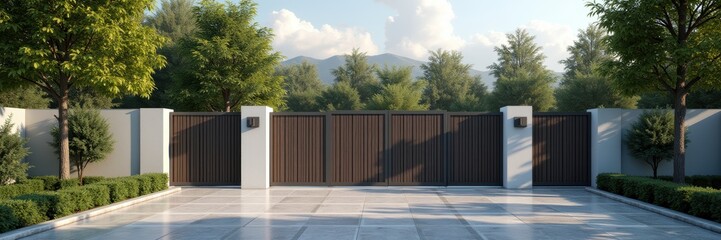 Obraz premium Modern entrance gate to a luxurious property, showcasing elegance and security amidst beautiful landscaping and scenic mountains in the background.
