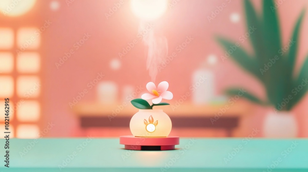Poster aroma oil diffuser lamp in a spa setting with blurred background