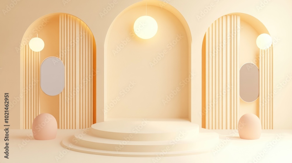 Poster 3D rendering of an abstract cosmetic background featuring a minimalist podium for product display An empty scene with spherical lighting and mirrors complemented by a pastel cream wall Fashion sho
