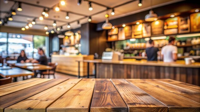 A close-up of a wooden tabletop in a rustic coffee shop with a blurred background of customers and a counter