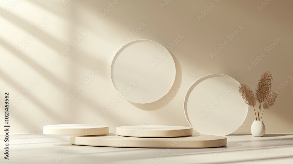 Aufkleber 3D rendering studio featuring geometric shapes and a podium on the floor providing platforms for product display in a mock up background Abstract composition with a minimalist design