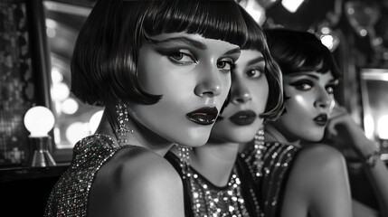 Black-and-white photoshoot capturing the elegance of 1920s flapper fashion, with models in sleek bob hairstyles and sequined dresses, posed at a jazz club.