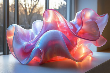 Obraz premium An abstract, balloon-like form with glowing iridescent pink and blue tones,,