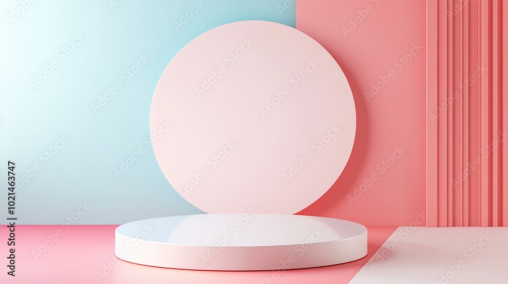 Poster abstract background featuring a vacant podium for product and cosmetic displays with a pastel cream 