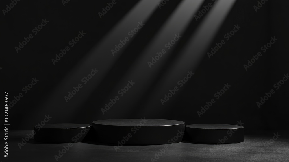 Poster black podium against a dark backdrop for showcasing products minimalistic pedestal setup for cosmeti