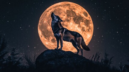 A lone wolf howls at the full moon in a starry night sky.