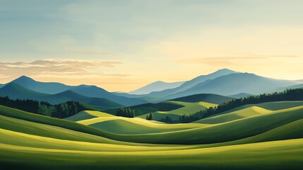 Breathtaking view of rolling green hills under a soft sunset sky, showcasing nature's serene beauty and harmony.