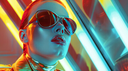 Capture the essence of a retro-futuristic look with metallic tones, sharp geometric shapes, and bold hairstyles, posing in a 1970s sci-fi inspired set.