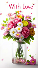 Obraz premium Bouquet of colorful flowers with With Love text on white background
