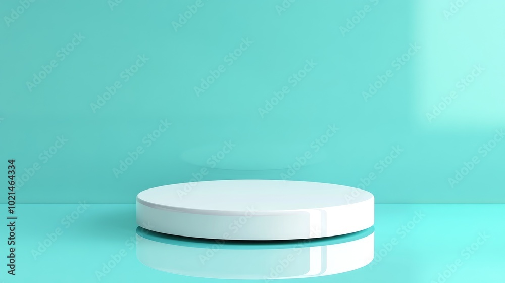 Poster blank white podium on a pastel blue green background with reflections and shadows in a 3d rendering