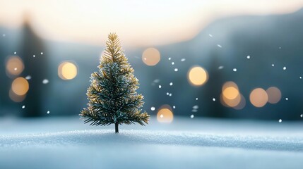 Naklejka premium A solitary Christmas tree stands in a snowy landscape, with soft bokeh lights in the background, creating a serene winter atmosphere.