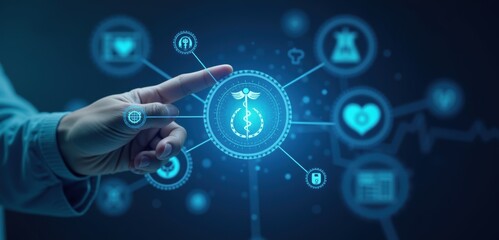 A hand pointing at a glowing seedling icon, surrounded by digital health and biotech symbols, representing innovation in healthcare and sustainable technology.