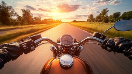 Naklejka premium Scenic Motorcycle Ride at Sunset Over Open Road