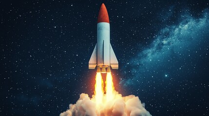 A rocket launching into the starry night sky with vibrant flames and smoke trailing behind it.