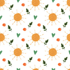 Seamless pattern with bright sun, green leaves, and colorful elements in a playful, hand-drawn charcoal doodle style
