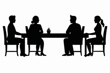 
Group of people sitting around a long table, Sitting table flat silhouette vector


