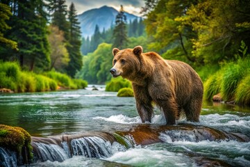 Majestic Bear Fishing in a Clear River Surrounded by Lush Greenery and Natural Beauty of Wilderness