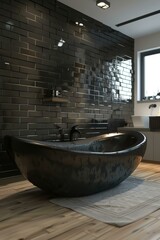 Modern Dark Bathroom Bathtub with Black Tiles