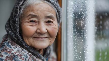 A smiling elderly woman looks out a window with raindrops.