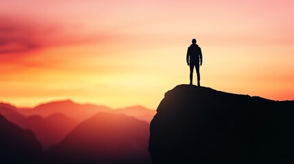 Silhouette of a person standing on a mountain at sunset, surrounded by vibrant colors and tranquil landscapes.