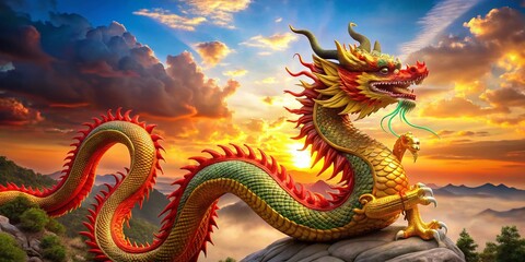 Fototapeta premium Majestic Chinese Dragon in Red and Gold Colors Symbolizing Strength and Prosperity in Traditional Art Style