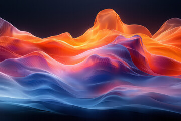 Fototapeta premium Flowing dunes in abstract gradients of orange and blue lines on a black backdrop,