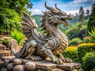 Majestic Dragon Shaped Sculpture in Stone with Intricate Details Against a Natural Background