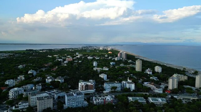 Lignano Pineta at sunset. View from above. Architecture on the sea