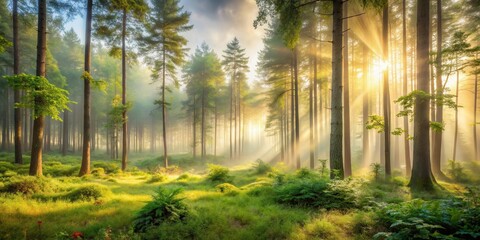 Golden sunlight filters through the dense canopy of a misty forest, illuminating the woodland floor with ethereal rays.