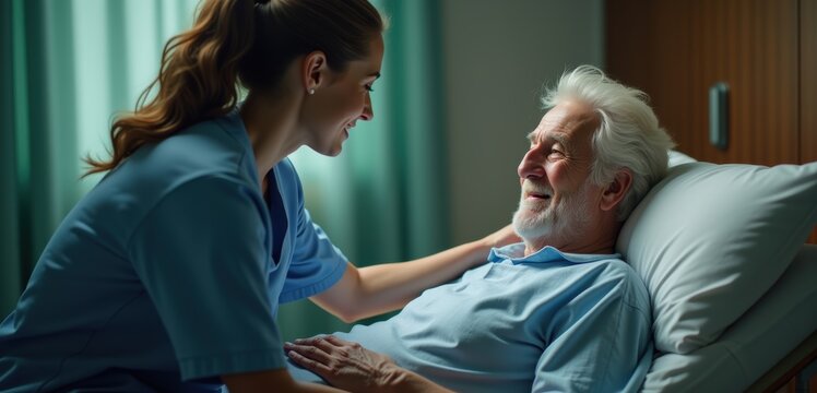 A compassionate nurse engages with an elderly patient in a hospital setting, showcasing care and emotional support in healthcare.