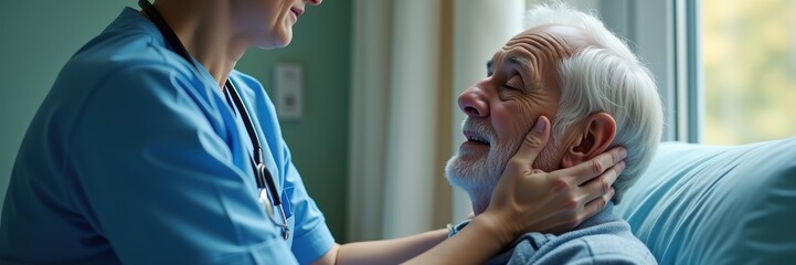 A compassionate caregiver comforts an elderly patient in a serene hospital setting, showcasing human connection and quality healthcare.