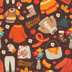 Seamless pattern of autumn beautiful season. Foliage, Sock, Acorns and pine cones, Warm beverages, Sweaters and scarves. Vector illustration.