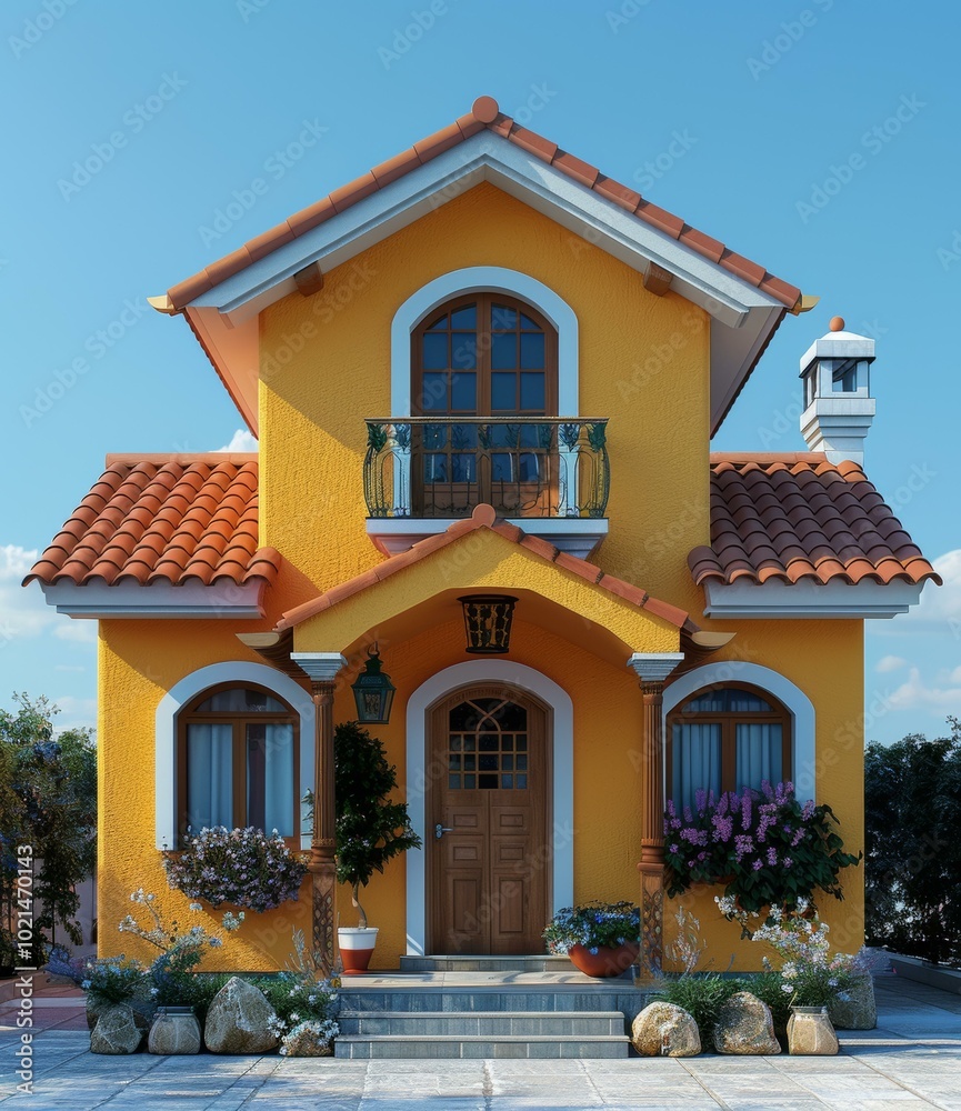 Wall mural Charming Yellow House with Terracotta Roof